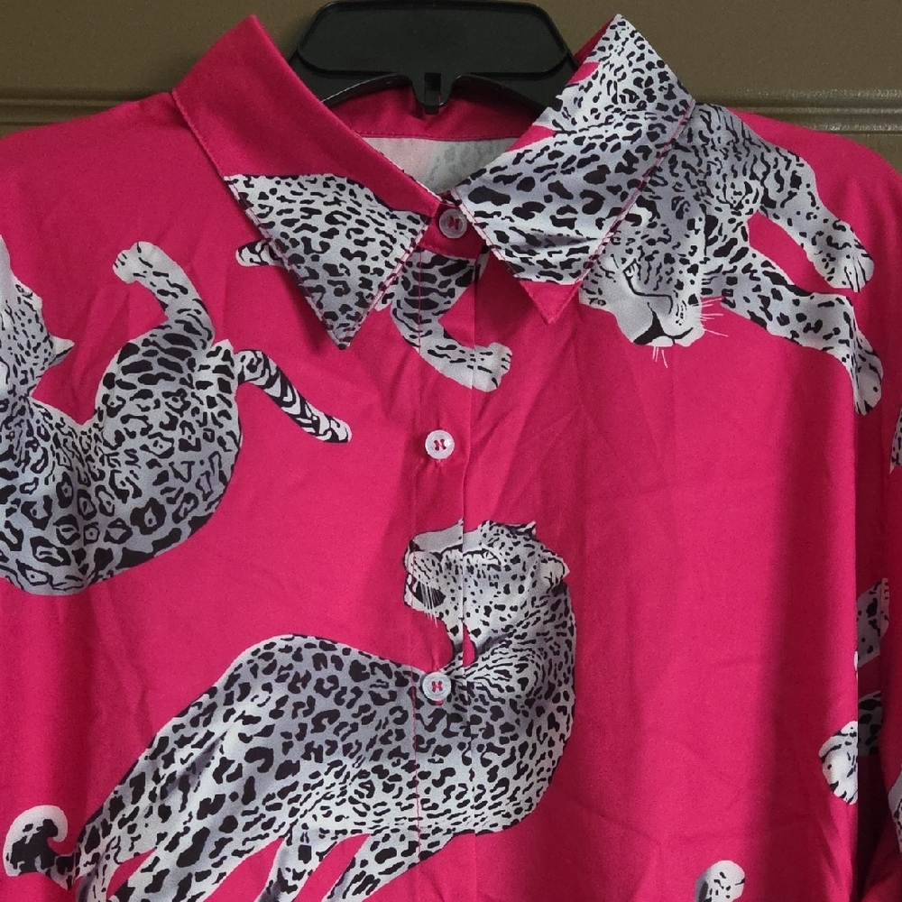Pink Leopard Print Button-Up Shirt - Picture 2 of 3